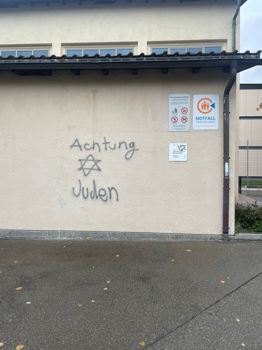 Heute Morgen auf dem Schulareal/Pausenplatz Fluntern Zürich und an der Hauswand. #NeverAgainIsNow