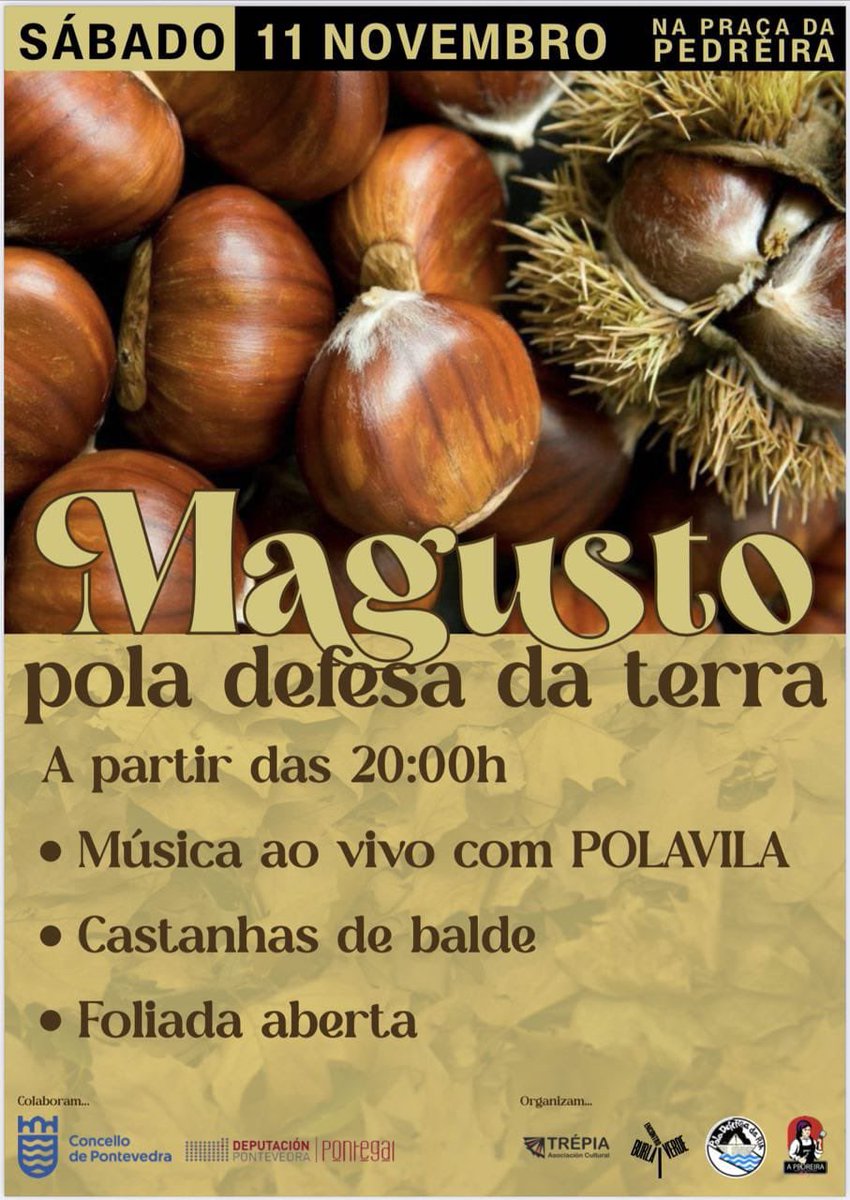 defensadaria's tweet photo. 🍂🌰🍂🌰🍂
MAGOSTO Pola Defensa da
Terra
▪️Sábado 11 a partir das 20h
▪️Praza da Pedreira-Pontevedra
Organizamos:
@defensadaria #Trepia
@apedreira_cs #BurlaVerde
Colaboran:
@Pontevedrate
@depo_es https://t.co/s8T7a5g3kp