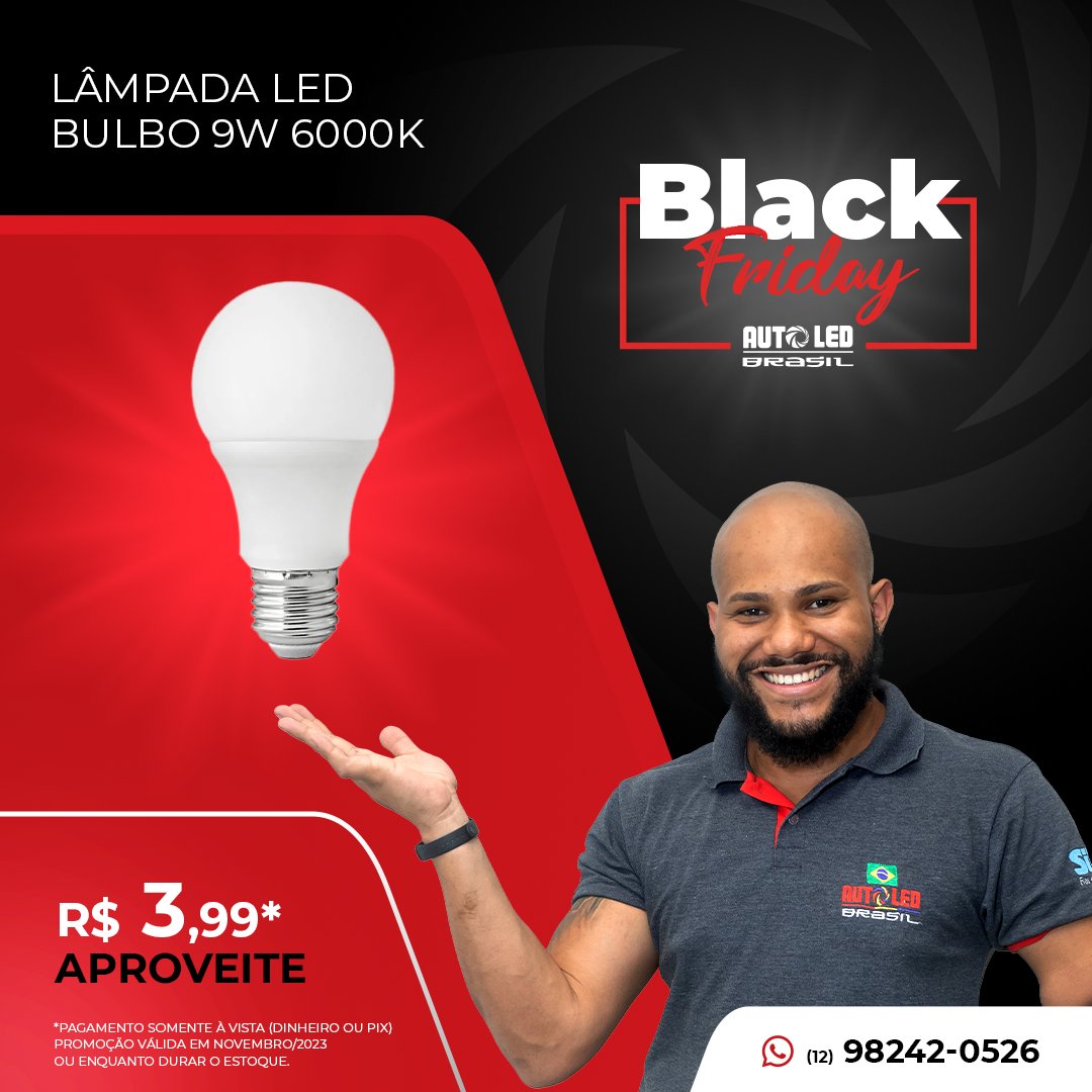AutoledBrasil's tweet image. Black Friday!!!
E a Autoled está com os melhores descontos para você.

LÂMPADA LED BULBO 9W 6000K
POR APENAS R$ 3,99 

 Pagamento somente à vista (dinheiro ou pix)
Promoção válida em Novembro/23 ou enquanto durarem os estoques.

#autoled #virtuabrasil #blackfriday