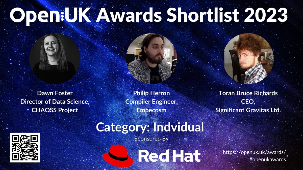 openuk_uk's tweet image. 👤🏆 #OpenUKAwards2023! Celebrating exceptional individuals in open tech! The Individual category shortlist is here, recognising outstanding contributions by remarkable individuals - @geekygirldawn, @the_philbert &amp;amp; @SigGravitas. 🌟