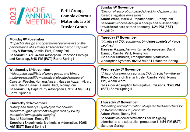 📢Interesting line up of talks from <a href="/Petit_Group/">Petit Materials Lab</a> , Complex Porous Media Lab (@rosteadys), and the Trusler Group (<a href="/TruslerMartin/">Martin Trusler</a>) at the #AIChEAnnual 2023 meeting in Orlando. 
<a href="/HassanAzzan95/">Hassan Azzan, PhD</a> <a href="/ThisIsAdamWard/">Adam Ward</a> <a href="/KleioAZervidi/">Kleio Zervidi</a> @CarstenWedler <a href="/ImperialChemEng/">Imperial ChemEng</a> 
See you there! 😊