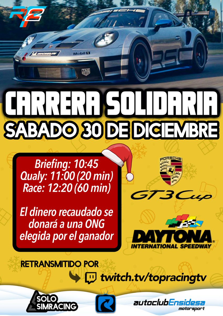 🚨🚨 Tras semanas de preparación, anunciamos nuestro primer evento.

En colaboración con @TopRacingTV y <a href="/AutocEnsidesa/">AutoClub Ensidesa Motorsport</a>, y con todo lo aprendido a lo largo de los años en <a href="/FA4RACERS/">FA4RACERS</a>, presentamos:

🏁EVENTO SOLIDARIO NAVIDAD RF2🏁

35 plazas
Inscripciones 01/12
+ info en Discord