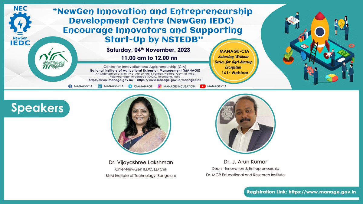 Join us for an insightful discussion on 'NewGen Innovation and Entrepreneurship Development Centre (NewGen IEDC): Encourage Innovators and Supporting Start-Up by NSTEDB'' hosted by MANAGE-CIA on Saturday, November 4th, 2023, at 11 AM IST. Link to Join: manageindia.webex.com/manageindia/j.…