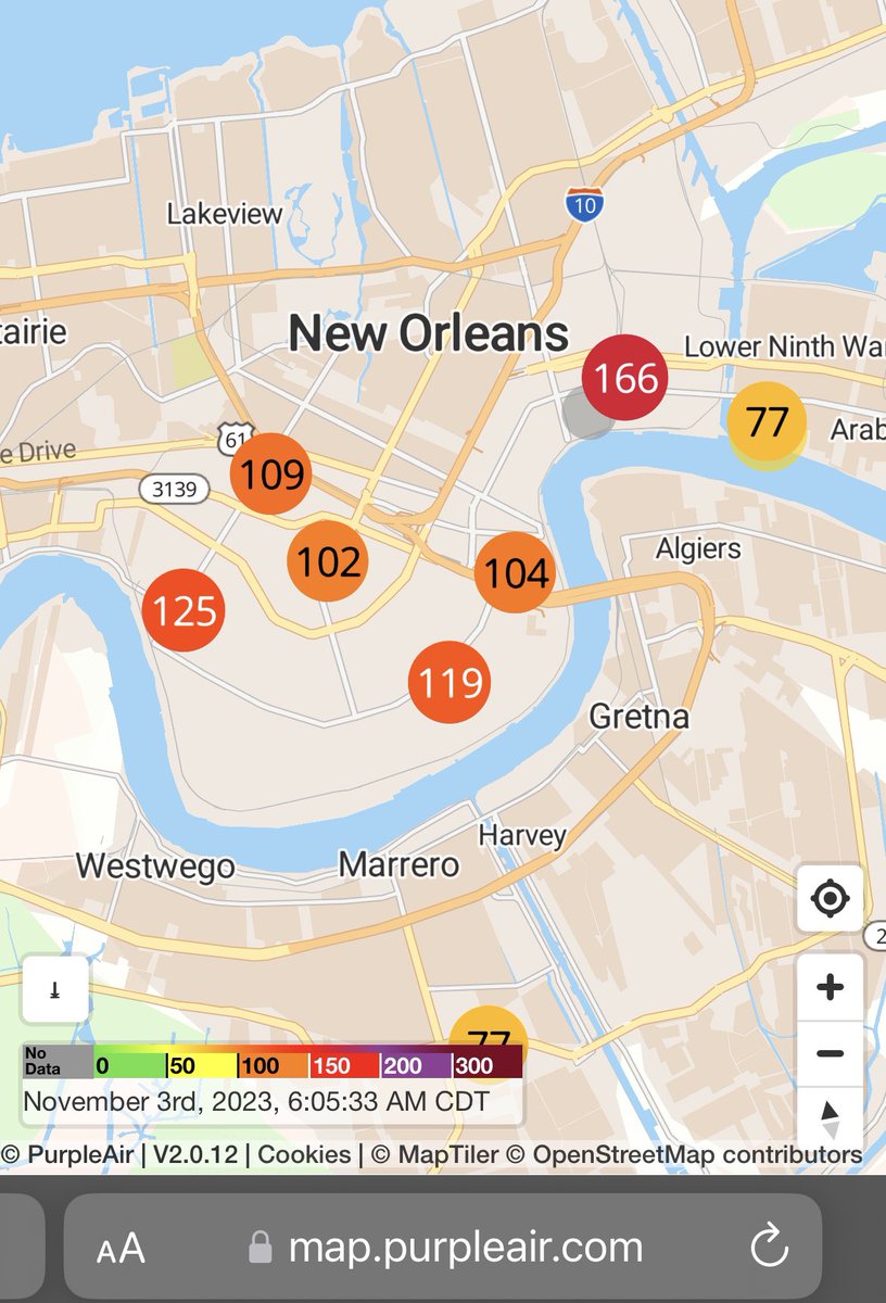 Current air quality in New Orleans is bad. map.purpleair.com/1/mAQI/a10/p60…