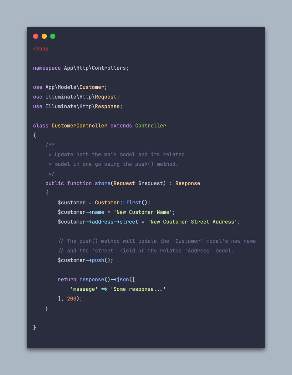glenn_raya's tweet image. 💪 Laravel Tip:

You can save/update a model&apos;s property and the property of its related model in one go using the `push ` method. Assuming Eloquent ORM&apos;s relationship is properly set up.

#Laravel #PHP #PHPLaravel #WebDev #LaravelTip
