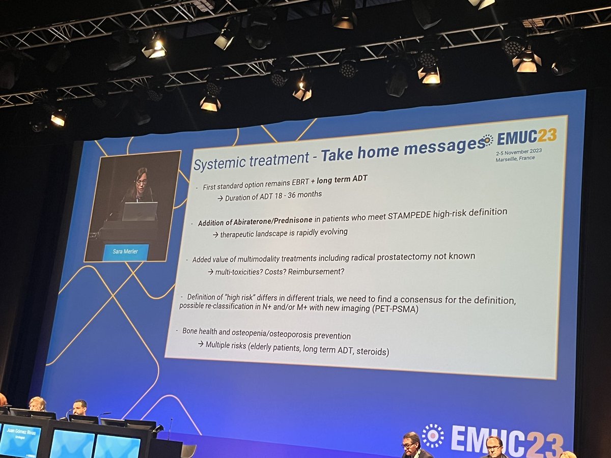 Here are some take home messages from medical oncologist Dr. Sara Merler (IT) on her #EMUC23 lecture about how systematic treatment should be used for men with high-risk localised PCa in 2023. 
<a href="/myESMO/">ESMO - Eur. Oncology</a> <a href="/ESTRO_RT/">ESTRO</a>