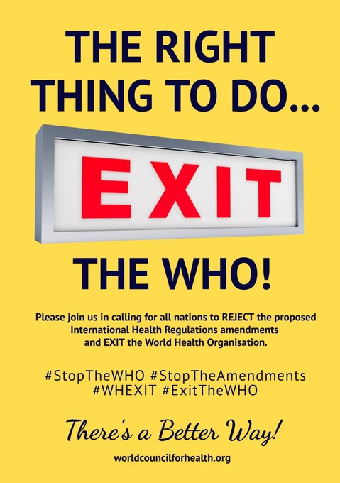 DeanSmi47962704's tweet photo. Please join the World Council for Health (@FreeWCH) in calling for all nations to REJECT the proposed  International Health Regulations Amendments and EXIT the World Health Organisation  

👉https://t.co/4szi8tsIW8 

#StopTheWHO #StopTheAmendments #WHEXIT #ExitTheWHO https://t.co/LlESGwoPPs