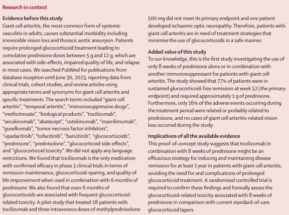 NEW RESEARCH—Sebastian Unizony and colleagues report the results of a single-arm, open-label, proof-of-concept study of 8 weeks of #prednisone in combination with #tocilizumab for treatment for giant cell arteritis #GCA thelancet.com/journals/lanrh…