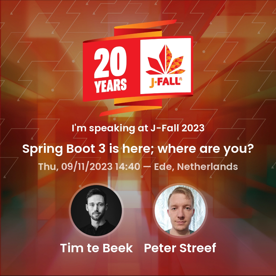 Tim te Beek (@timtebeek) on Twitter photo Looking forward to <a href="/jfallconf/">J-Fall π³π±</a>! I'll present and give a workshop together with <a href="/pstreef/">Peter Streef</a>. See you next week! Looking forward to <a href="/jfallconf/">J-Fall π³π±</a>! I'll present and give a workshop together with <a href="/pstreef/">Peter Streef</a>. See you next week!