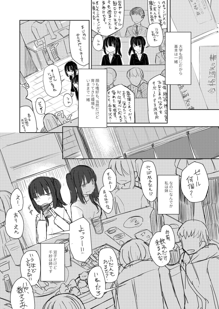 単行本収録作『お姉ちゃんは半歩先』から冒頭部分のサンプルです。(1/2)
双子なので同じ顔ではあるけども、積極性、要領、頭の良さ、おっぱいの大きさ等々、全てにおいて姉の方が少し上。
あとは好きな男の子がいつも被る。そんなところも何故か同じ、という感じの双子モノです。 