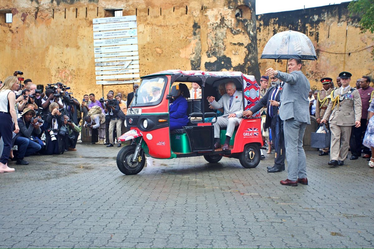 Britain’s King Charles III onboard a TukTuk outside Fort Jesus Museum in Old Town Mombasa. 

The King and his wife had an opportunity to sample the rich culture and diversity Mombasa has, by visiting Fort Jesus among other historic sites.  

#BesutifulMombasa 
#RoyalVisitKenya