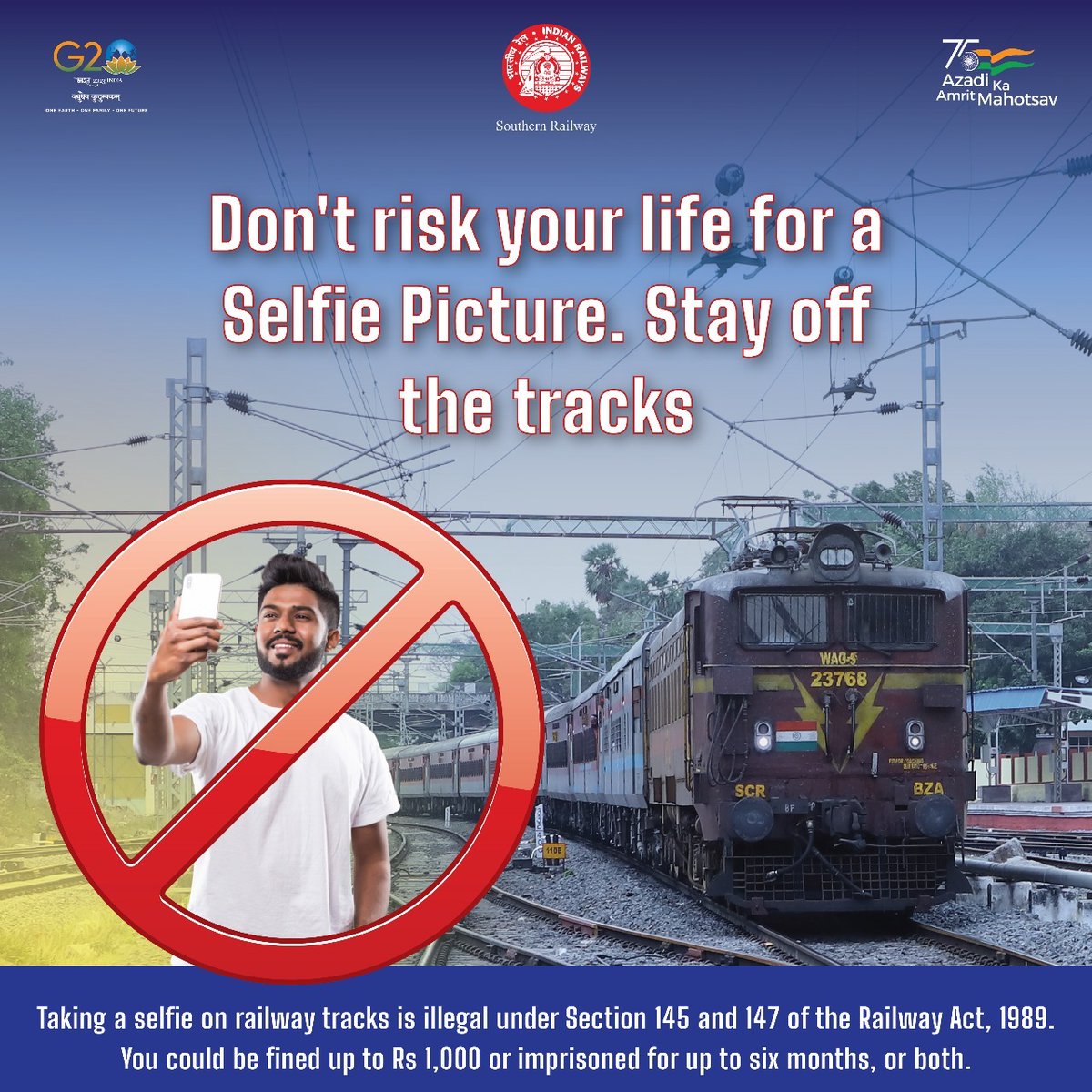 DRMPalghat's tweet image. Taking a Selfie on tracks is a punishable offence. It not only risks your life but also results in imposing a fine and imprisonment.

Stay off the track and Stay Safe!

#StayAlert #Staysafe #Tracksafety

@RailMinIndia @GMSRailway