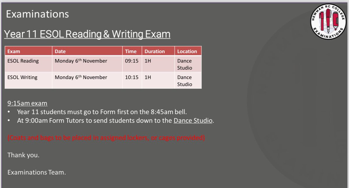 Reminder ‼️
Year 11s taking the ESOL exam on Monday 6th November. Timings and locations are below. If you need a replacement timetable please see a member of the Exams Team.
#goodluck <a href="/NewmanRCExams/">Newman RC Exams</a>
