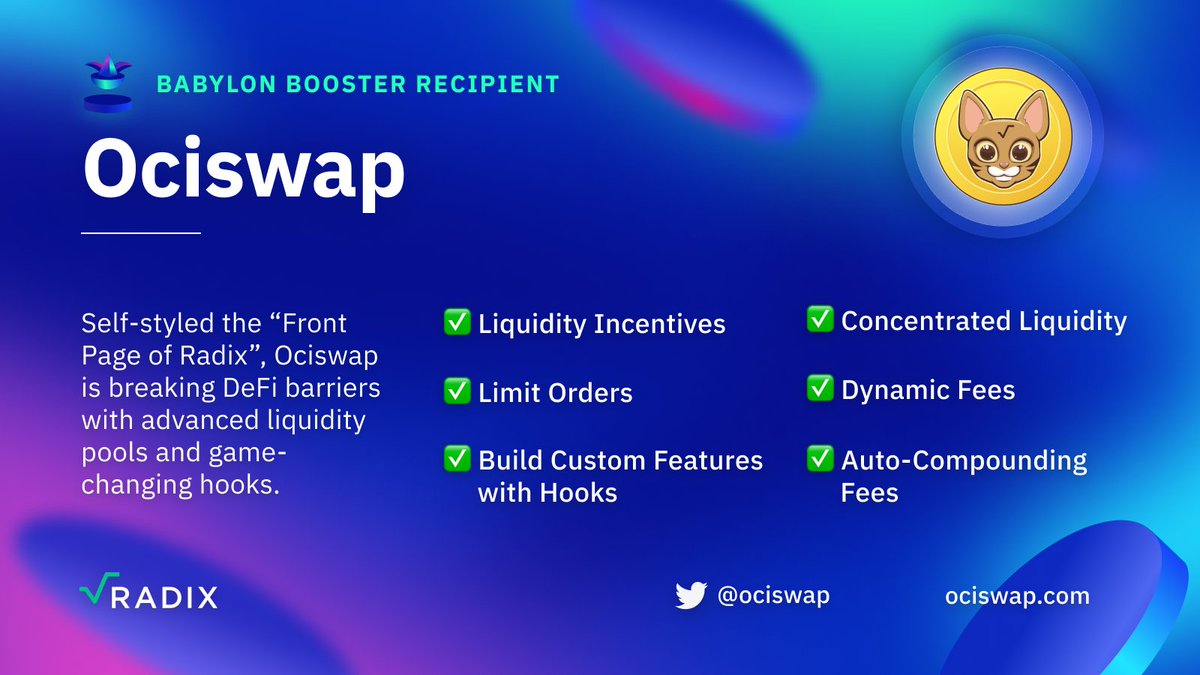 radixdlt's tweet photo. 🌐Ecosystem Update🌐

Congratulations to @ociswap for securing the $15,000 Babylon Booster Grant! ✅

The Ocicats have had a strong start on Babylon, quickly reaching over 2 Million USD TVL and integrating xUSDC, xUSDT, xETH, xwBTC.

https://t.co/iBYOZcuZSL

$XRD $OCI https://t.co/Cc5kBp8Krg