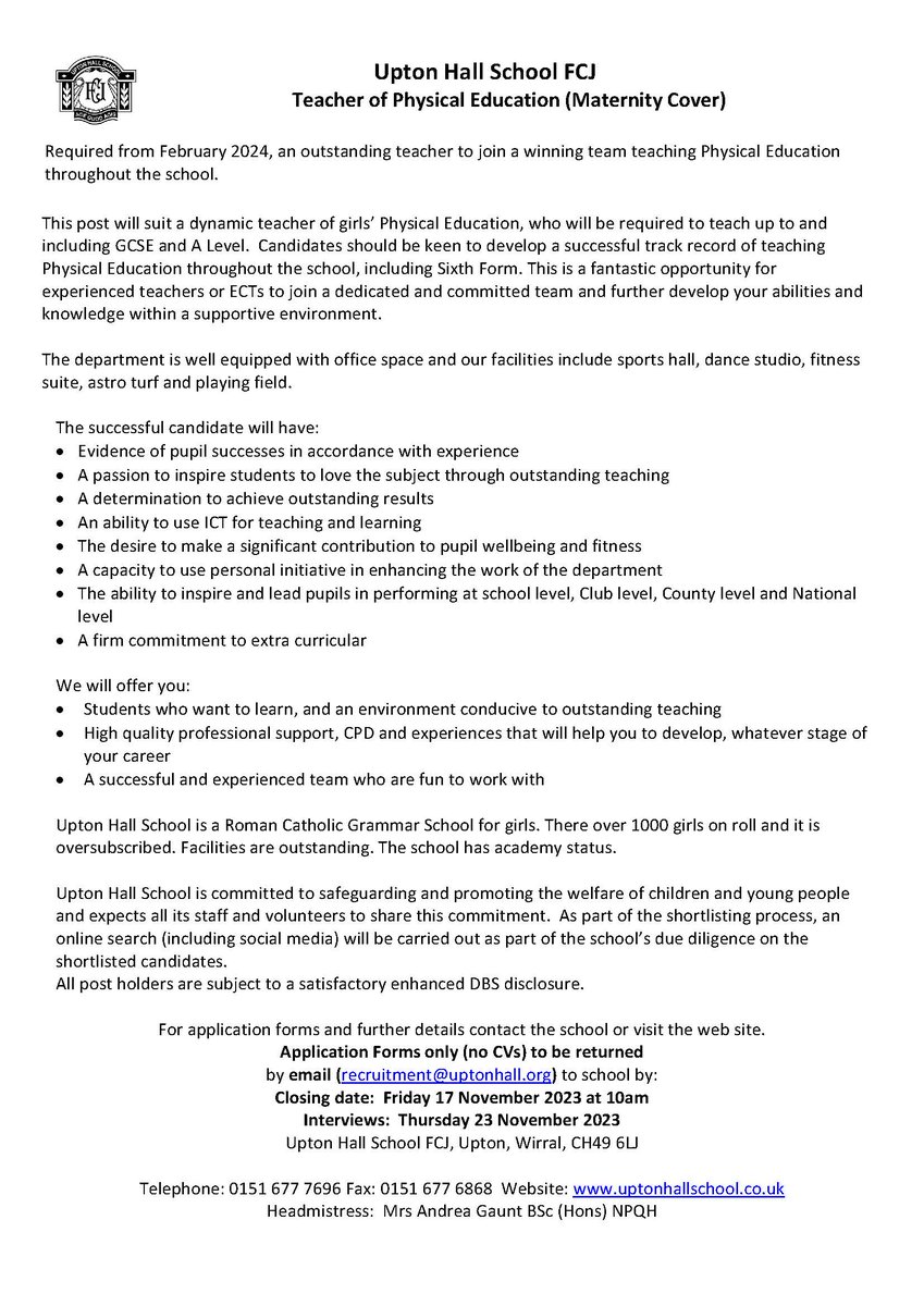 Fantastic opportunity for an enthusiastic and ambitious Teacher of PE. Apply today.