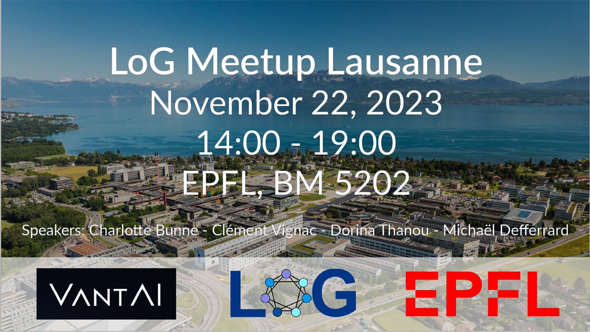 We are happy to announce the first <a href="/LogConference/">Learning on Graphs Conference 2024</a> Meetup in Lausanne, supported by <a href="/vant_ai/">VantAI</a>! 🤗
Join us on Nov 22nd at <a href="/EPFL_en/">EPFL</a> to hear <a href="/_bunnech/">Charlotte Bunne</a>, @ClementVignac, <a href="/DorinaThanou/">Dorina Thanou</a> and <a href="/m_deff/">Michaël Defferrard</a>. Bring your posters!
Registration: forms.gle/c4HjeuDoBTpXN9… Webpage: sites.google.com/view/log-meetu…