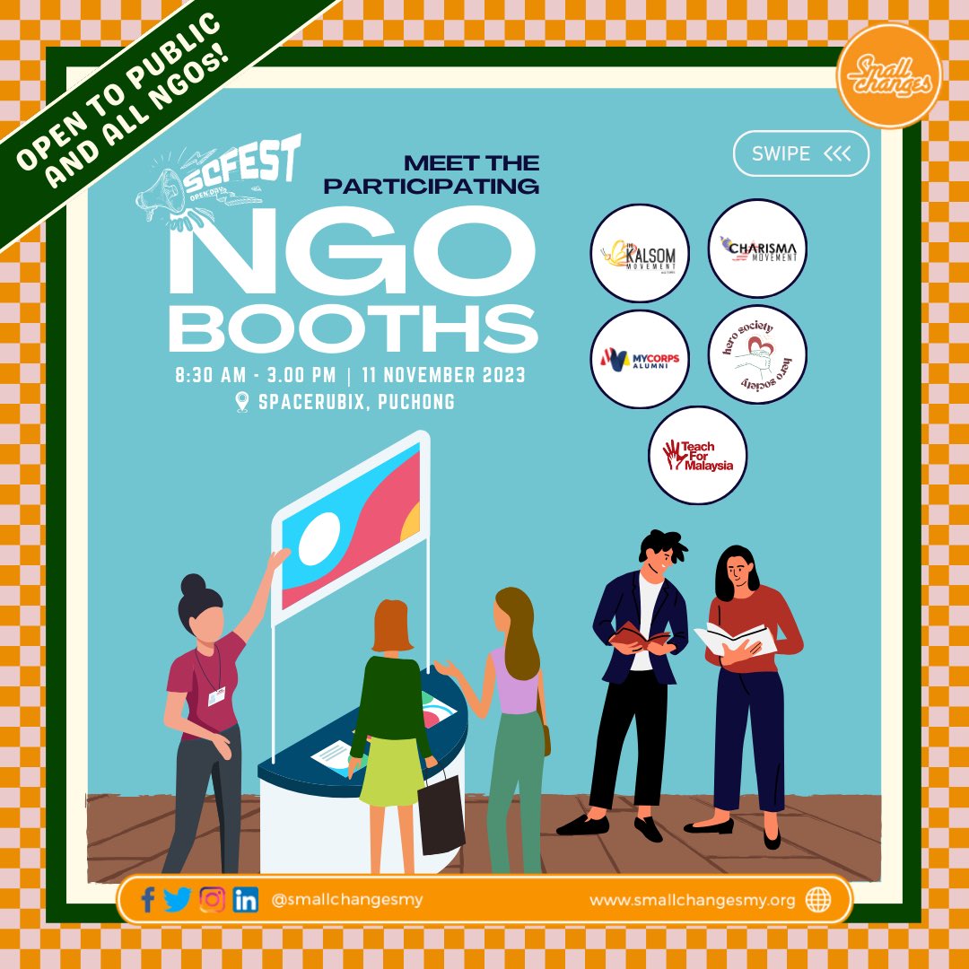smallchangesmy's tweet photo. Small Changes MY proudly introduces the participating NGOs for our first ever #SCFest: Open Day! 

1. The Kalsom Movement
2. Charisma Movement
3.  Hero Society 
4. Teach For Malaysia
5. MyCorps Alumni

Scroll next to find more about these NGOs and what they stand for! https://t.co/cTIBCL2nKw