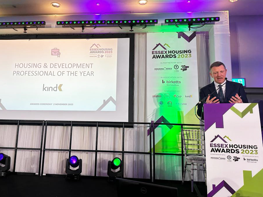 Our MD Steve Juson was delighted to present the award for ‘Housing &amp; Development Professional of the Year’ to Paul Gayler from Chelmsford City Council, at the <a href="/EssxHousingAwds/">Essex Housing Awards</a>. A well-deserved winner. Congratulations from all of us at Kind &amp; Co, a fantastic achievement 🏆