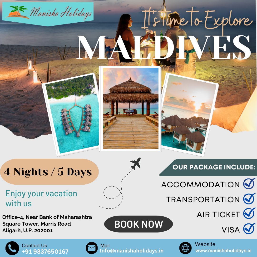 Are you ready to embark on an unforgettable adventure in the stunning Maldives? 🏝️
Book your adventure with us today  
Contact us
Dubai:- +971 544525454
India:- +91 9837650167
Mail:- Info@manishaholidays.in
#MaldivesAdventure
#MaldivesTravel #AdventureAwaits #TravelGoals #Tours