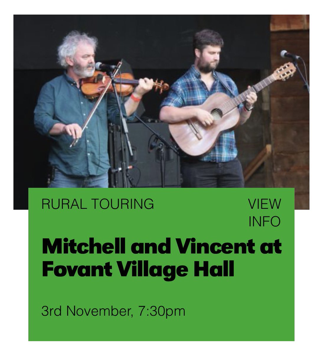 TONIGHT!

@mitchellandvin @mitchellandvinc are performing in #Fovant near #Sailsbury

🎫&details➡️ poundarts.org.uk/whats-on/mitch…

This event is in association with @poundarts rural touring.

#ruraltouring #whatsonwiltshire #livemusic #music #folkmusic #gig #concert #folkduo