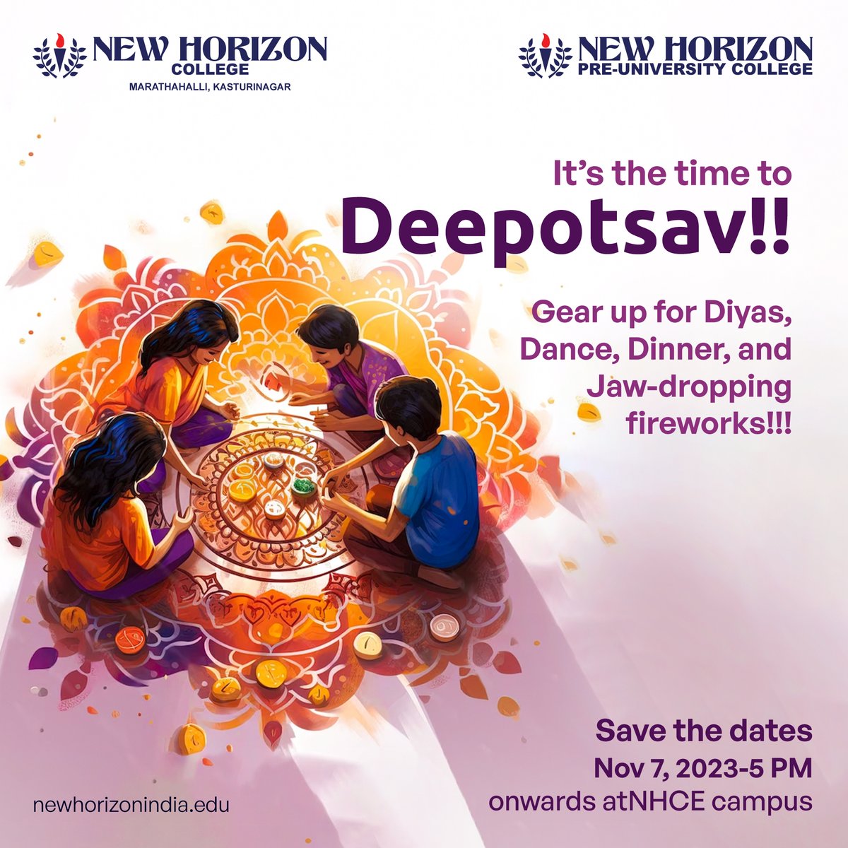 NHCMOfficial's tweet photo. Get ready to light up your Diwali with Deepotsav!!
We've got an amazing evening planned on November 7, 2023, from 5 p.m. onwards at the NHCE campus! Get your groove on with Garba, indulge in a delicious dinner, and be ready to be blown away by the dazzling display of fireworks! https://t.co/XxKbUdrLV2