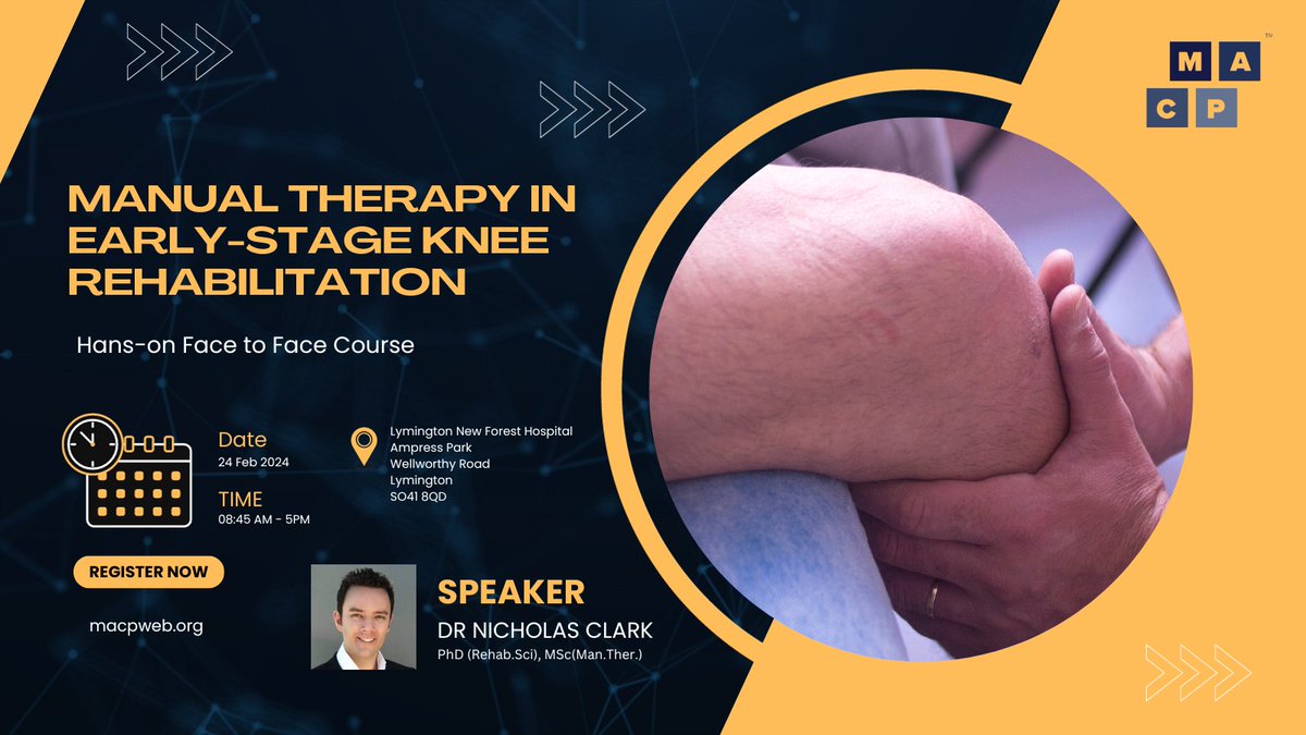 PhysioMACP's tweet photo. Unlock the power of hands-on manual therapy techniques in early-stage knee rehabilitation.  Join our face-to-face evidence-informed course by an expert clinician and researcher @DrNickCC   Book at https://t.co/9PiOpUhjNL  @PhysioMACP  @PhysioKVB https://t.co/N2oSU1UjzH