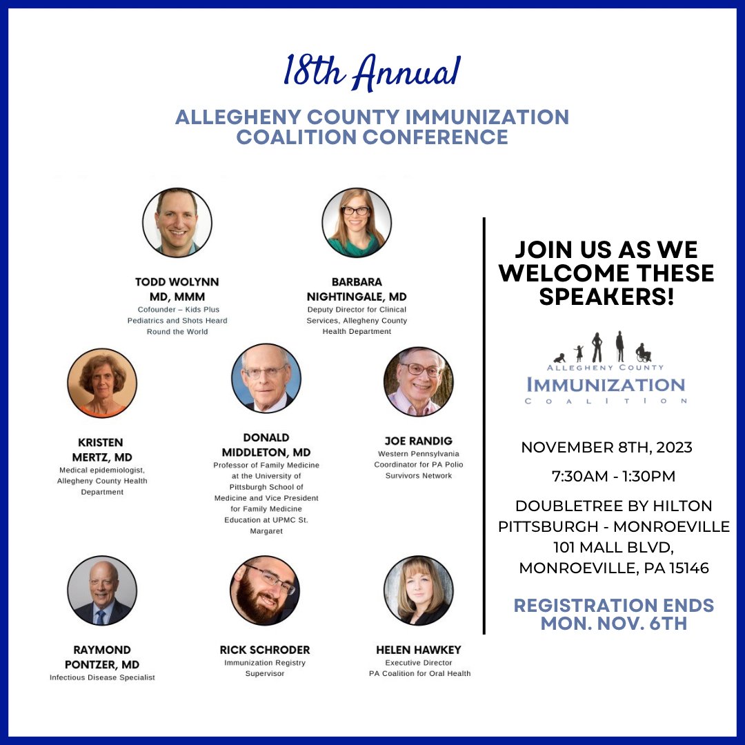 alleghenycms's tweet image. Counting down the hours to expand my knowledge! 

Join us as we welcome these amazing speakers! Registration for the 18th Annual Allegheny County Immunization Conference ends on Monday, November 6th. 🌟🕒 

#ConferenceCountdown #NeverStopLearning