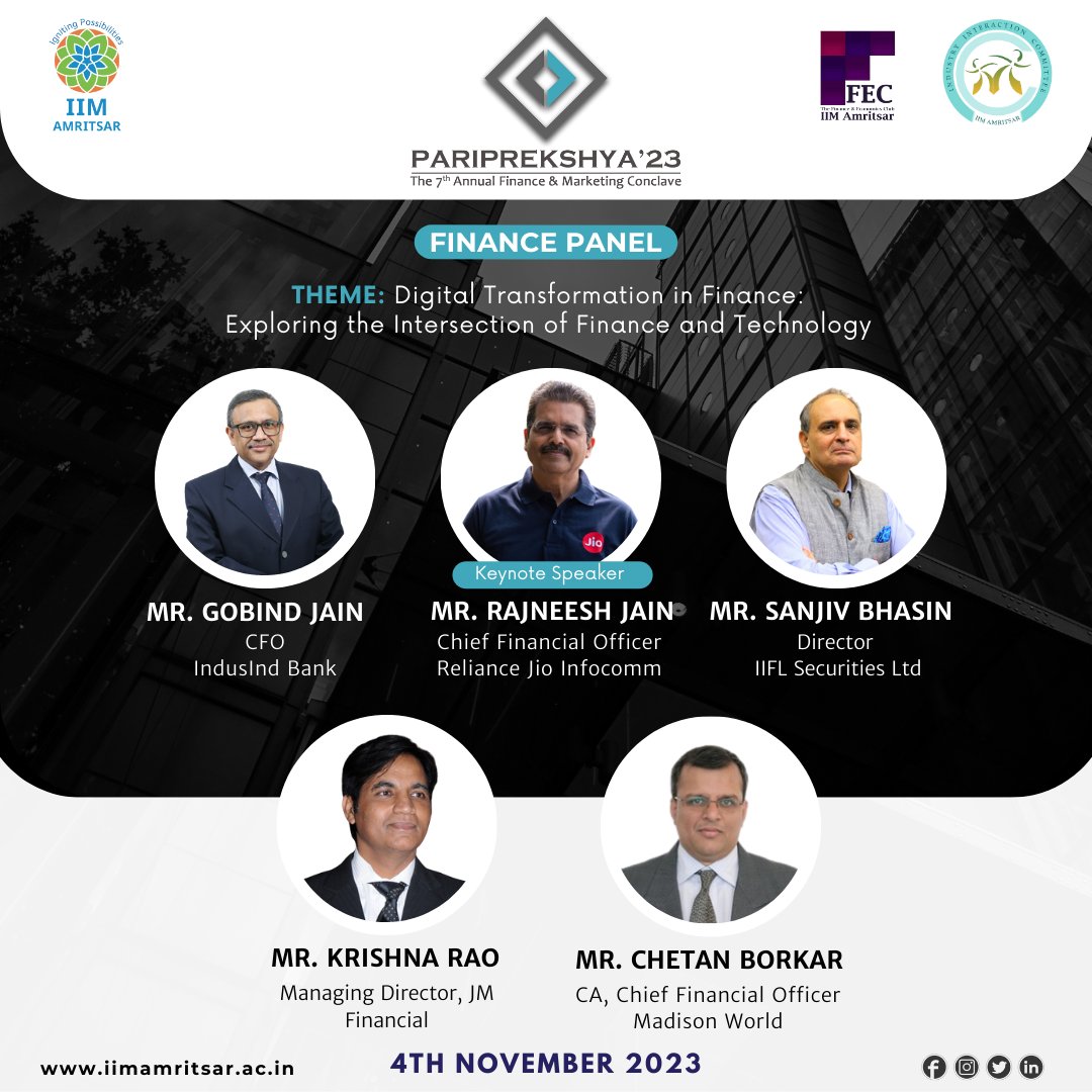 IIMAmritsar's tweet photo. IIMAm is proud to host its 7th Annual Finance &amp; Marketing Conclave PARIPREKSHYA 2023 on 4 Nov 2023.

We eagerly await the valuable insights this distinguished panel will share!

#IIMAmritsar #IIMAm #IIM #IIMLife #IIC #Finance #FEC #DigitalMarketing #Technology #Conclave https://t.co/IHHpJ7iVwv
