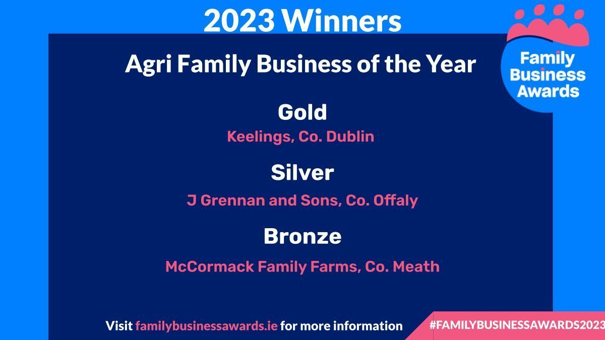 We are delighted to announce the winners of Agri Family Business of the Year 

<a href="/keelingsfruits/">Keelings Fruits</a> 
<a href="/jgrennan_s/">JGrennan&Sons</a> 
@Mccormackfrms 

#familybusinessawards2023 #agribusiness #irishfamilybusiness