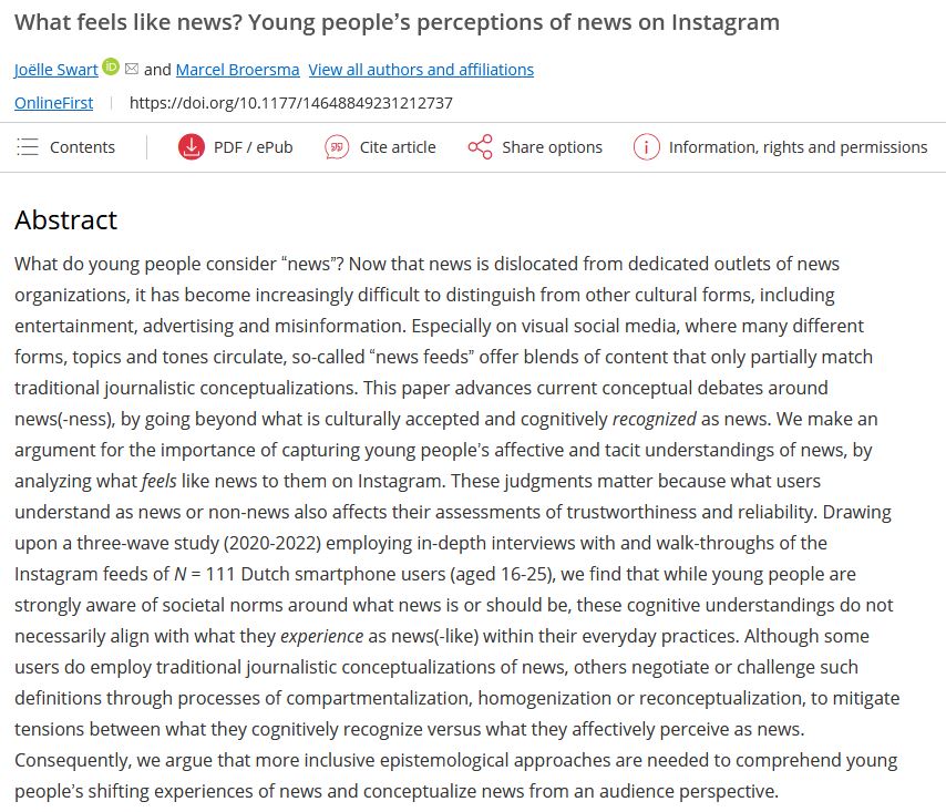 What do young people consider “news” on Instagram? New paper out with @joelleswart based on our ongoing longitudinal research on the news habits of young people on social media and their smartphone journals.sagepub.com/doi/10.1177/14…