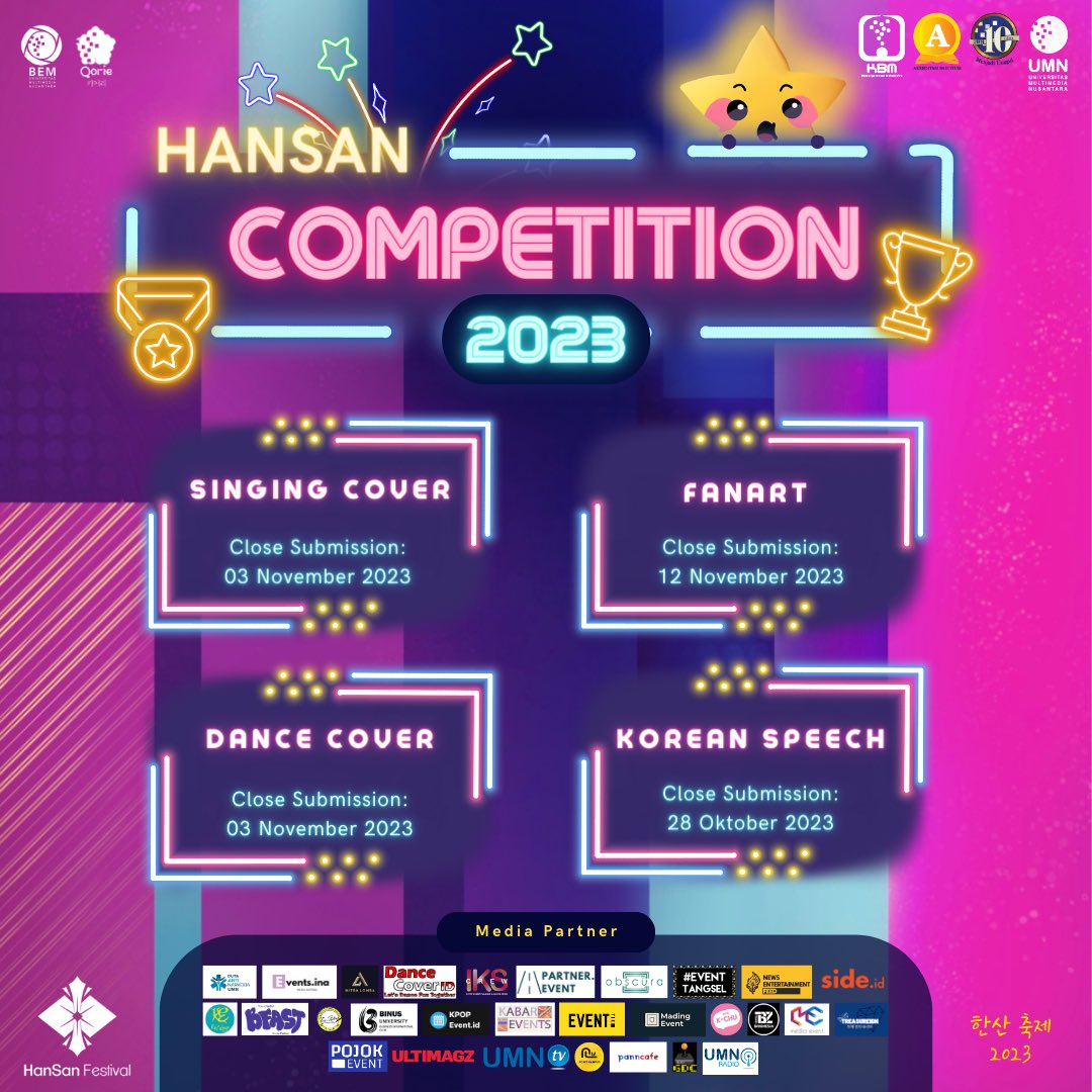 🌃[HANSAN FESTIVAL COMPETITION]🌃

안녕하세요 여러분 ~

Korean Enthusiast, Hansan Festival kembali dengan berbagai lomba menarik nih! 🤩
🌟Dance &amp; Singing Cover Competition 
🌟Fanart &amp; Korean Speech Competition 
🌟Instagram Reels &amp; TikTok Challenge 
 
More Info:
📱hansan.festival
