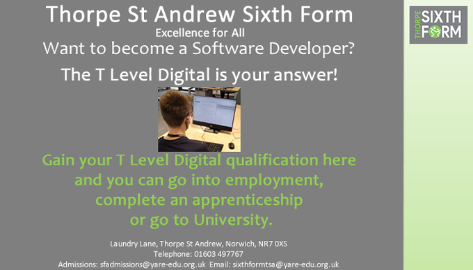 tsas_computing's tweet image. T Level Digital - Always wanted to be a Software Developer?  Find out more from the course page: thorpestandrewschool.org.uk/wp-content/upl…… Applications open for September 2024 #TLevel #Norwich #post16 #SoftwareDeveloper