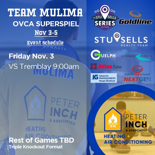 Team Mulima (@teammulima) on Twitter photo We start the <a href="/OVCASuperspiel/">Brokerlink-OVCA Superspiel</a> in Ottawa today! Our first game of the triple knockout is this morning, and it sure will be great to be back at the <a href="/RCMPCurlingClub/">RCMP Curling Club</a>. Follow the scores at curlingzone.com, or watch the games live streamed on our Facebook page! We start the <a href="/OVCASuperspiel/">Brokerlink-OVCA Superspiel</a> in Ottawa today! Our first game of the triple knockout is this morning, and it sure will be great to be back at the <a href="/RCMPCurlingClub/">RCMP Curling Club</a>. Follow the scores at curlingzone.com, or watch the games live streamed on our Facebook page!