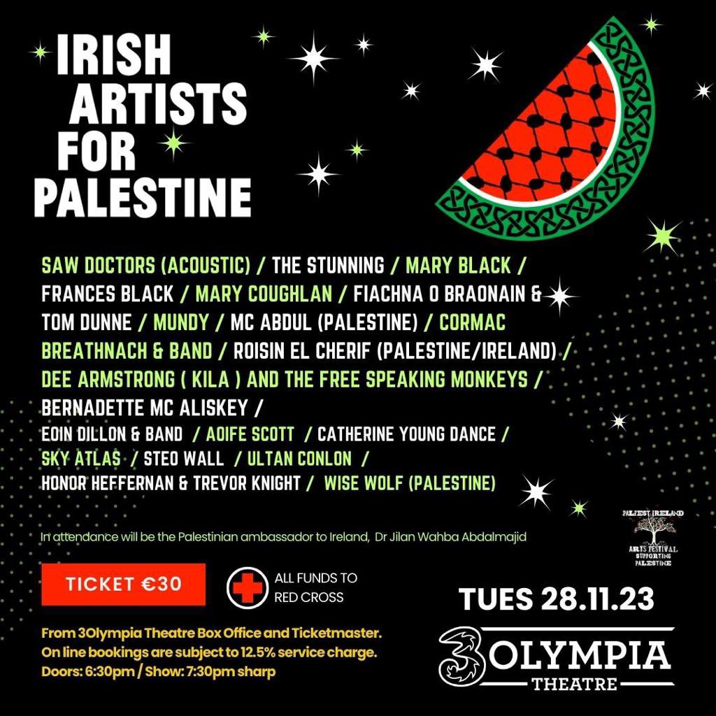 frances_black's tweet photo. 🎵 **IRISH ARTISTS FOR PALESTINE** 🎵

🎵 **TICKETS ON SALE NOW: ** 🎵

📅 November 28th, Olympia Theatre 
A night of music and solidarity

Tickets on sale now!!! https://t.co/7S8UZDbe41

#IrishArtistsForPalestine #Palestine #OlympiaTheatre #ConcertEvent #Solidarity https://t.co/q7mwusV95K