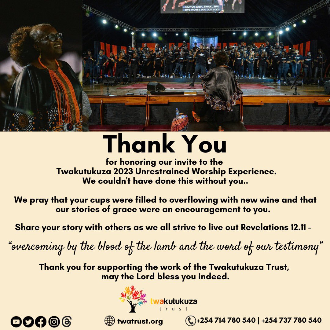 THANK YOU for honoring our invite to the Twakutukuza 2023 Unrestrained Worship Experience.
We couldn't have done this without you..

Share your story with others as we all strive to live out Revelations 12.11 -  
“overcoming by the blood of the lamb and the word of our testimony”