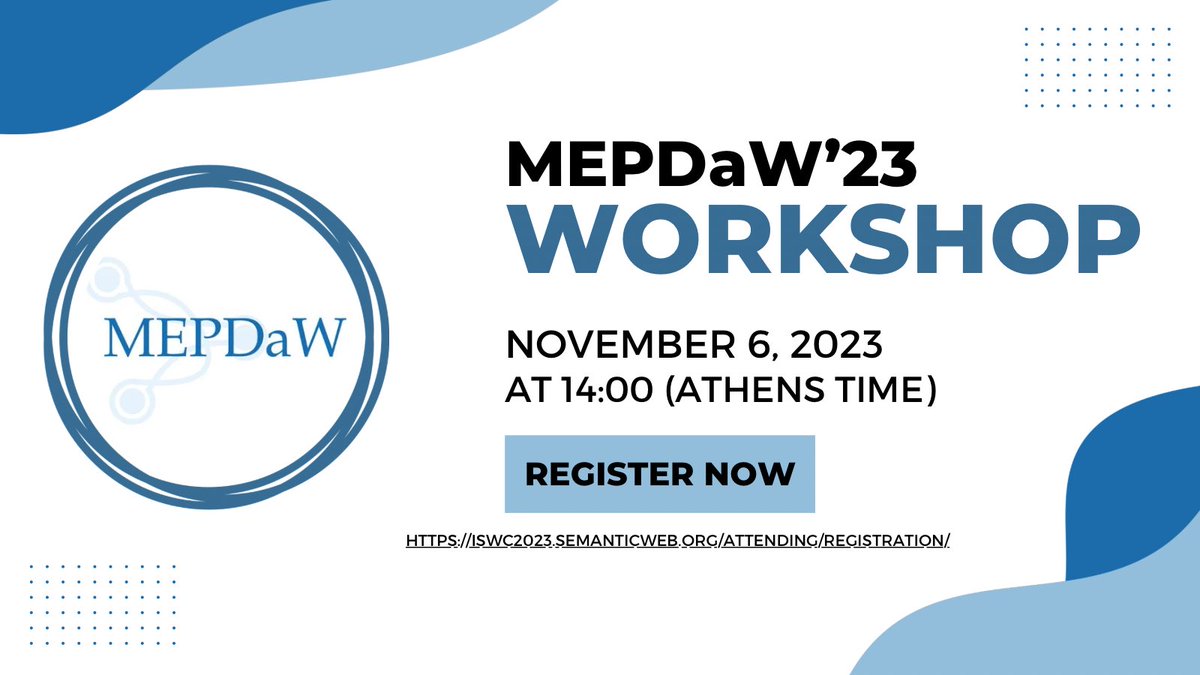MEPDaW workshop (@mepdaw) on Twitter photo Yo can check in our website the agenda for the #workshop next Monday ➡️ mepdaw-ws.github.io/2023/
<a href="/iswc_conf/">International Semantic Web Conference</a> <a href="/MEVidalSerodio/">Maria-Esther Vidal 🇪🇺 🇻🇪</a> <a href="/BadmotorF/">BadmotorF</a> <a href="/DGraux/">Damien Graux</a> <a href="/dchavesf/">David Chaves-Fraga</a> <a href="/EmetisN/">Emetis Niazmand</a> <a href="/Gabydler/">Gabriela❀</a> <a href="/TIB_SDM/">TIB SDM🇺🇦</a> Yo can check in our website the agenda for the #workshop next Monday ➡️ mepdaw-ws.github.io/2023/
<a href="/iswc_conf/">International Semantic Web Conference</a> <a href="/MEVidalSerodio/">Maria-Esther Vidal 🇪🇺 🇻🇪</a> <a href="/BadmotorF/">BadmotorF</a> <a href="/DGraux/">Damien Graux</a> <a href="/dchavesf/">David Chaves-Fraga</a> <a href="/EmetisN/">Emetis Niazmand</a> <a href="/Gabydler/">Gabriela❀</a> <a href="/TIB_SDM/">TIB SDM🇺🇦</a>