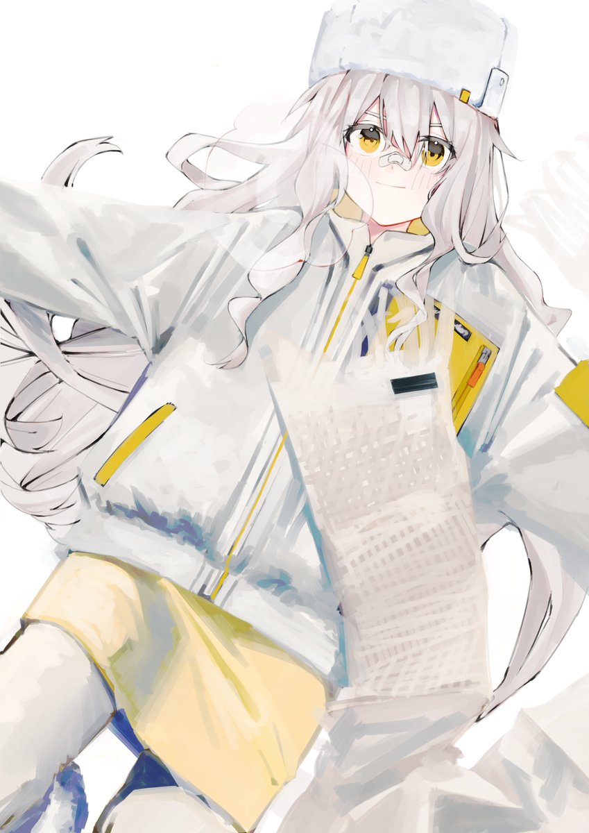 1girl solo long hair hat yellow eyes bandaid on face jacket  illustration images
