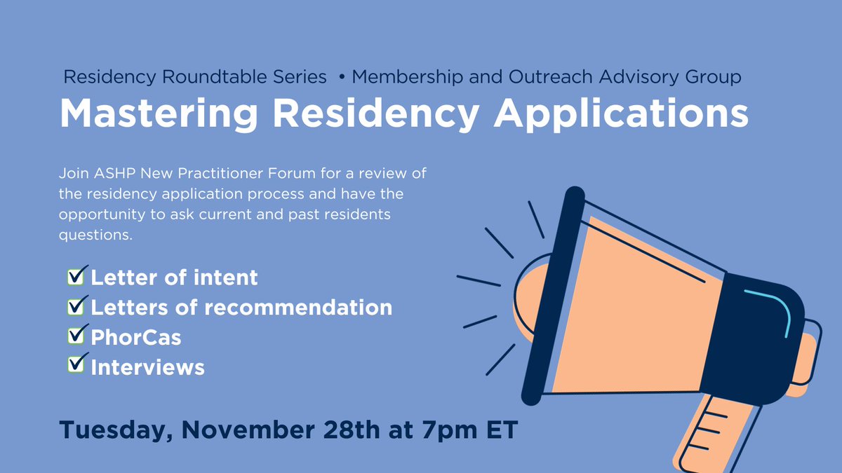 Join ASHP New Practitioners Forum for a residency roundtable on mastering residency applications on November 28th at 7pm ET! Here is the link to sign up: ashp-org.zoom.us/meeting/regist… @ASHPOfficial