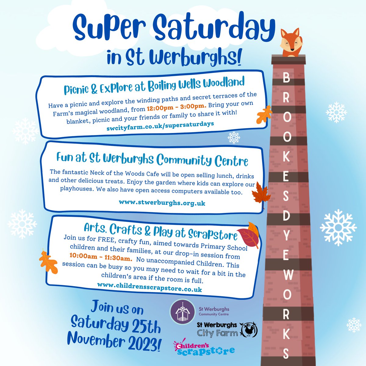 Come along for some cosy crafting and join us for our last #supersaturday of the year!

November 25th will be filled with free, festive fun at #childrensscrapstore, @swcityfarm, and @StWerbsCC. See you there!

#bristolkids #bristolplayandyouth