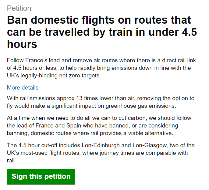 🚄Should the UK government incentivise train use over plane use? #TrainsNotPlanes

🛬<a href="/FlightFreeUK/">Flight Free UK</a> have set up a petition calling for domestic flights to be banned where there's a good rail alternative.

✍️Please show your support by signing here! 👇
petition.parliament.uk/petitions/6499…
