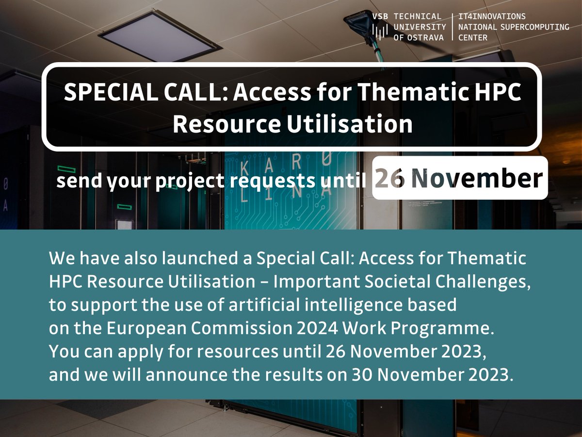 IT4Innovations's tweet image. 🚨 Apply for #computationalresources
🟢within our #OpenAccess #GrantCompetition until 1 December
👉 it4i.cz/en/for-users/o…
🟢 within Special call for GPU-accelerated @LUMIhpc until 26 November
👉it4i.cz/en/for-users/s…

@eINFRA_CZ @EuroHPC_JU

#HPC #CzechHPC #CzechScience #AI