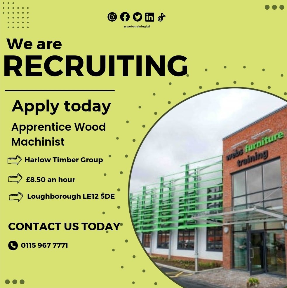 We are currently recruiting an apprentice wood machinist for @harlowtimbergroup located in Loughborough. Contact us if you're interested or visit our website for more vacancies. 
#apprenticewoodmachinist #harlowtimbergroup #loughborough #nottingham #nottinghamshire #derby