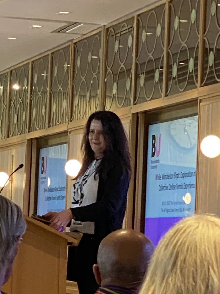 LawTechGadget's tweet photo. And now … from ⁦@bournemouthuni⁩ Dr Nadia Ayer speaking at the #TennisHistoryConference on the role of online communities and their emotions in wake of @wimbledon cancellation during pandemic ⁦@KatharineMCox⁩ #THC23 @bu_research https://t.co/NkM7VrKZ0O