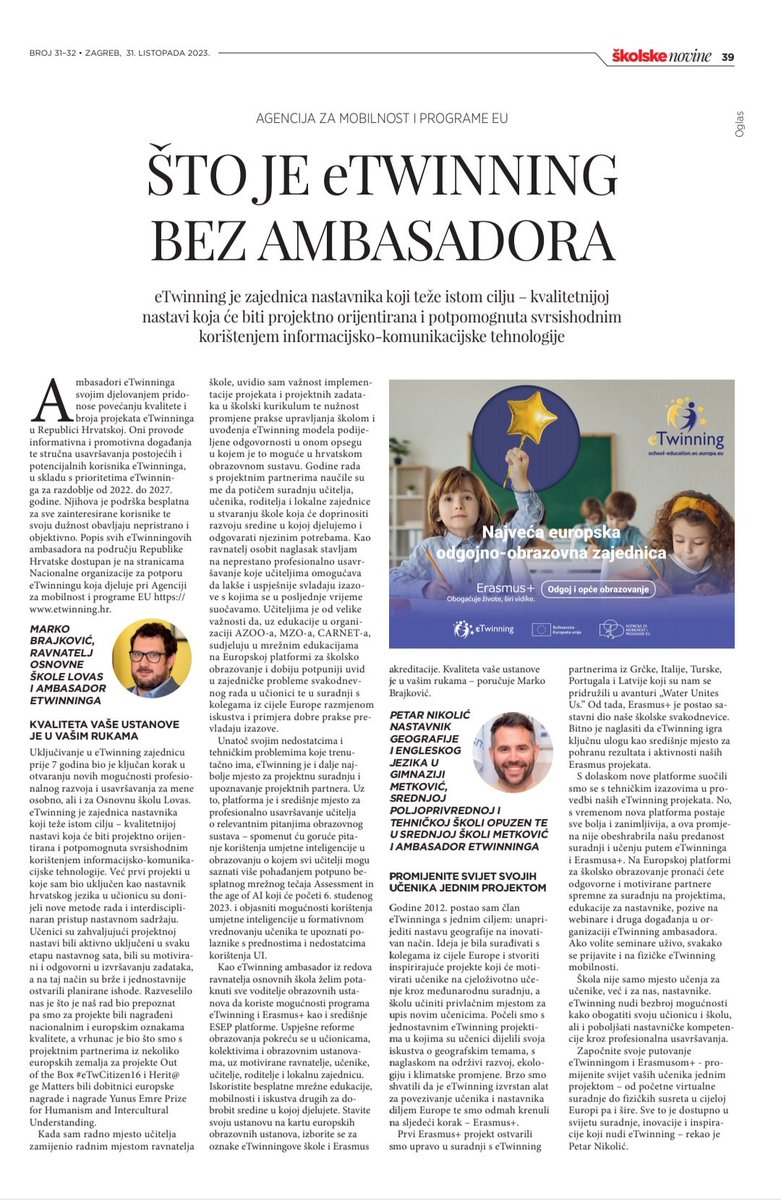 In the new issue of "Školske novine," read about the possibilities offered by the new European School Education Platform. My colleague, eTwinning ambassador Marko Brajković , and I shared our experiences to encourage teachers to engage in inspiring #etwinning projects. @AMPEU_hr