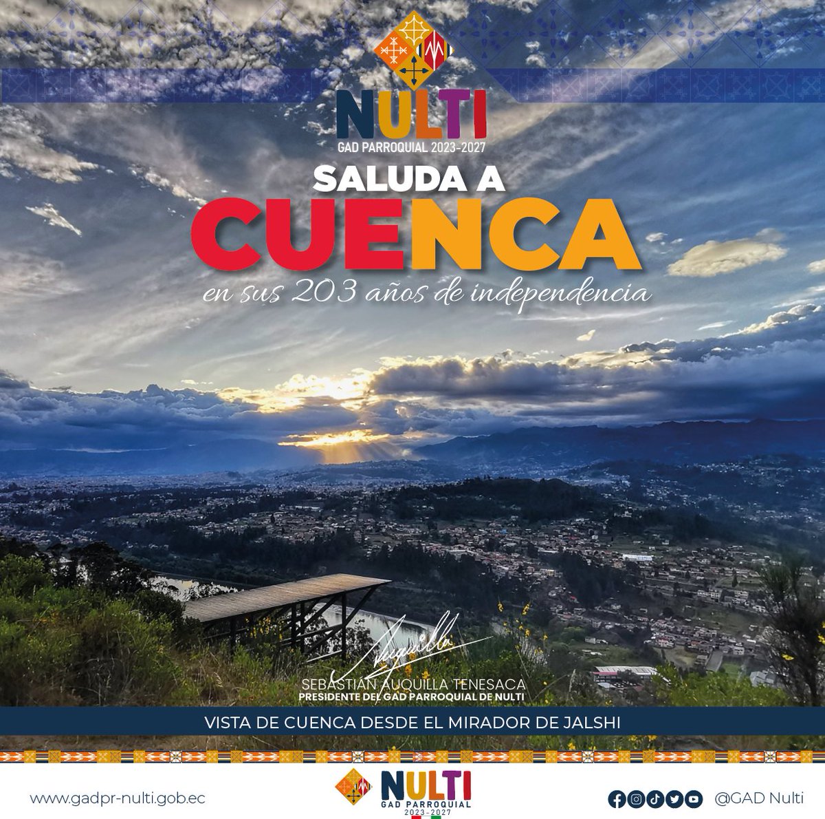 La Parroquia Nulti,  saludamos a #Cuenca. En este día celebramos la valentía y el espíritu indomable que nos caracteriza como cuencanos. 🌟 Que la luz de la libertad siga iluminando nuestro camino y que continuemos prosperando en unidad. ¡Viva Cuenca!  #independenciadecuenca