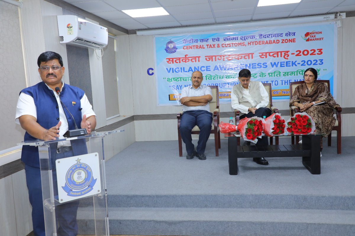 CgstMedchal's tweet photo. Shri. Sandeep Prakash IRS, Chief Commissioner of Central Tax &amp; Customs, Hyderabad, along with other officers of Hyderabad Zone participated in the Valedictory Function in respect of Vigilance Awareness Week-2023 organized by Medchal GST Commissionerate on 03.11.2023. https://t.co/zAzMhj6xr4