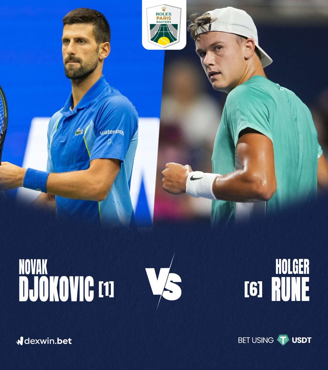 DexWin_Sports's tweet image. It&apos;s a rematch of last year&apos;s Final at the #RolexParisMasters!

🎾 Novak Djokovic vs. Holger Rune 🎾

Can the reinvigorated Rune (with Becker at his side now) manage to repeat the impossible task of beating Novak? 🥵

#ATPTour #atpmasters #Tennis #ParisMasters