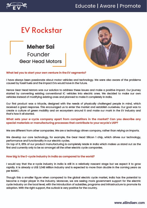 Guess who is this month’s EV Rockstar❗

Gear Head Motors takes center stage in the latest issue of All India EV Magazine. 

Sai Meher, the Co-founder of GHM has been featured in All India EV Magazine as this month’s EV Superstar!

#ghm #Ev