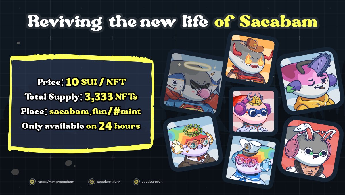 Sacabam #NFTs  is a key part of $SCB ecosystem:  
✅Sui native #memecoin $SCB 
✅Yield Optimizer <a href="/suipearlfi/">SuiPearl</a>  
🆙GambleFi Aquarium

sacabam.fun/#mint
🔸Total Supply: 3,333 
🔸Round 2 allocation: 1,111 
🔸Duration: 24 hours
🔸Mint Price: 10  $SUI
🔸Utility: ░░░░░