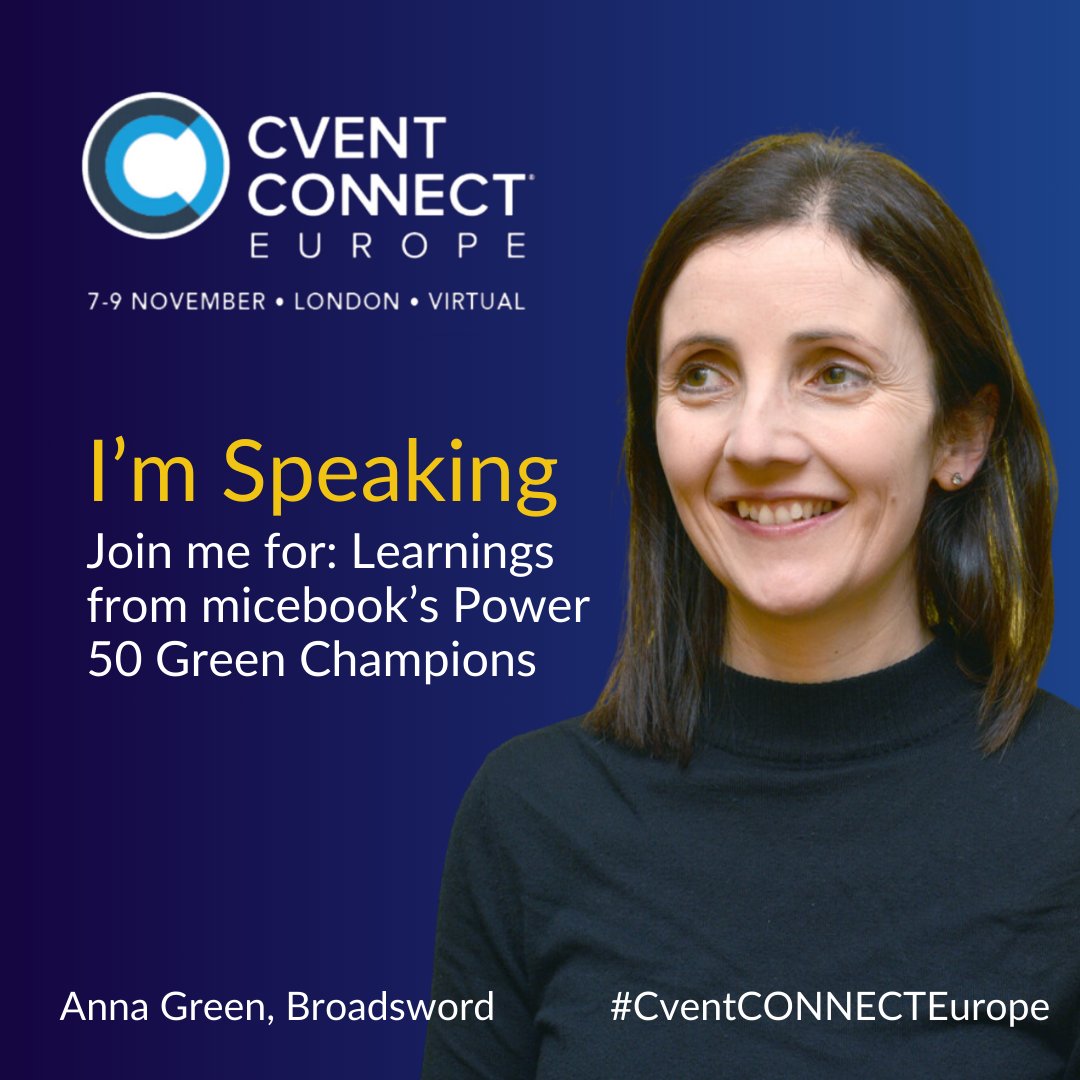 We look forward to seeing Broadsword MD, Anna, speaking at @cvent CONNECT Europe next week! As a Power 50 Green Champion, Anna will join @mice_book and other green champions on the 9th of November to discuss best practices in sustainability for organisations and events.